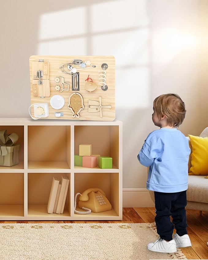 Montessori Busy Board for 1 2 3 4 Year Old, Wooden Sensory Toys, Montessori Sensory Toys for Fine Motor Skills, Sorting & Stacking Toys, Fidget Activity Board for ADHD & Autistic, Ideal Gift Choice