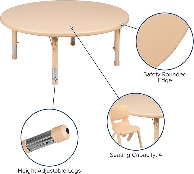 Flash Furniture Wren 45" Round Natural Plastic Height AdjusTable with Rounded Safety Corners Activity Table with Rounded Safety Corners