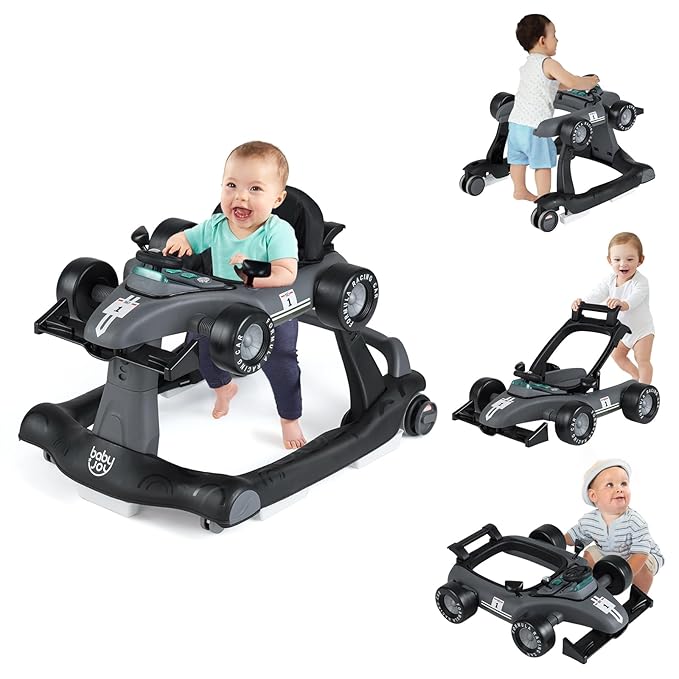 BABY JOY 4-in-1 Baby Walker, Foldable Activity Walker with Adjustable Height & Speed, Music, Lights, Anti-Rollover, Toddler Push Walker, Baby Walker with Wheels for Boys Girls 6-18 Months (Gray)