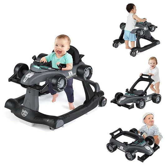 BABY JOY 4-in-1 Baby Walker, Foldable Activity Walker with Adjustable Height & Speed, Music, Lights, Anti-Rollover, Toddler Push Walker, Baby Walker with Wheels for Boys Girls 6-18 Months (Gray)