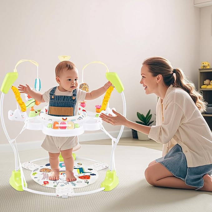 HONEY JOY Baby Bouncer Activity Center, Infant Jumper and Table w/ 360° Rotary Seat, 3 Adjustable Heights, Mat, Music, Lights, Sounds & Developmental Toys, Activity Center for Babies (Yellow)