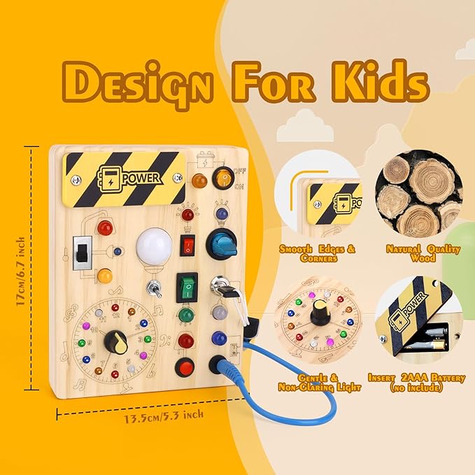 Hoarosall Montessori Toys Clock Wooden Busy Board with 11 LED Light switches, Tooddler Sensory Travel Toys for 1+ Year Old Baby and Toddler