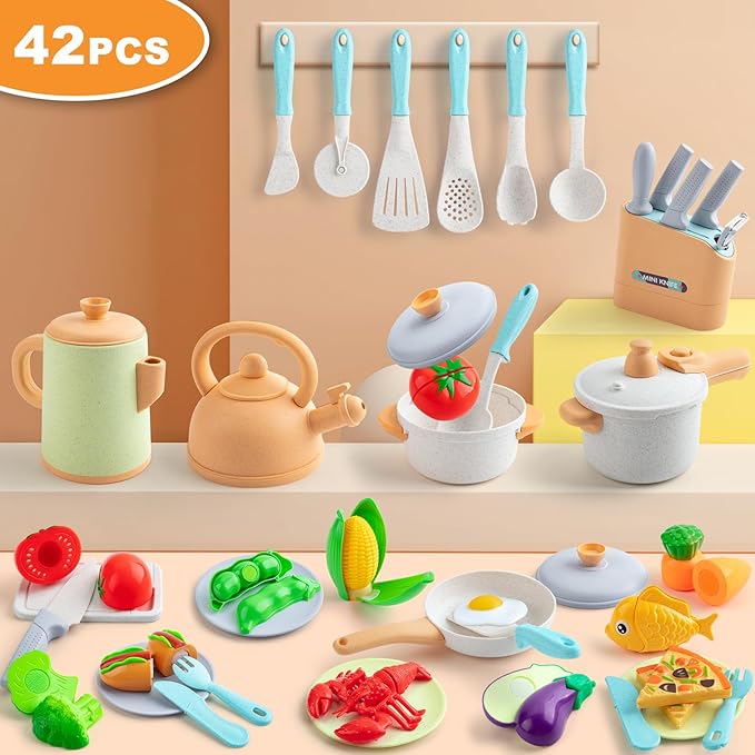 Kids Play Kitchen Accessories, 42Pcs Toddlers Pretend Toy Kitchen Playset Cooking Sets with Pressure Pots and Pans, Cookware, Utensils, Cutting Play Food Preschool Education Toys Gift for Girls Boys