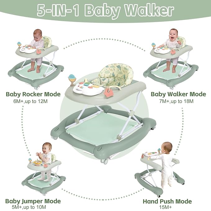 5 in 1 Foldable Baby Walker,Activity Baby Walker-Baby Bouncer,Rocker,Activity Center,Seat and Push Walker,Detachable Footrest Mat,Adjustable Speed Rear Wheels and Height,Ages 6-18 Months (Light Green)