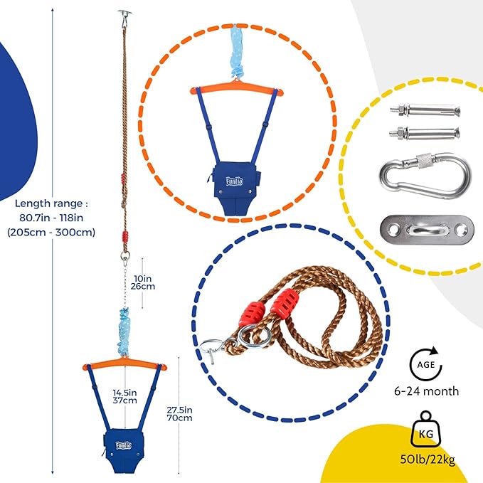 FUNLIO Baby Jumper with a Ceiling Hook for 6-24 Months, Baby Door Jumper for Indoor/Outdoor Play, Infant Jumper Doorway with Adjustable Chain, Easy to Assemble & Store (with a Ceiling Hook)