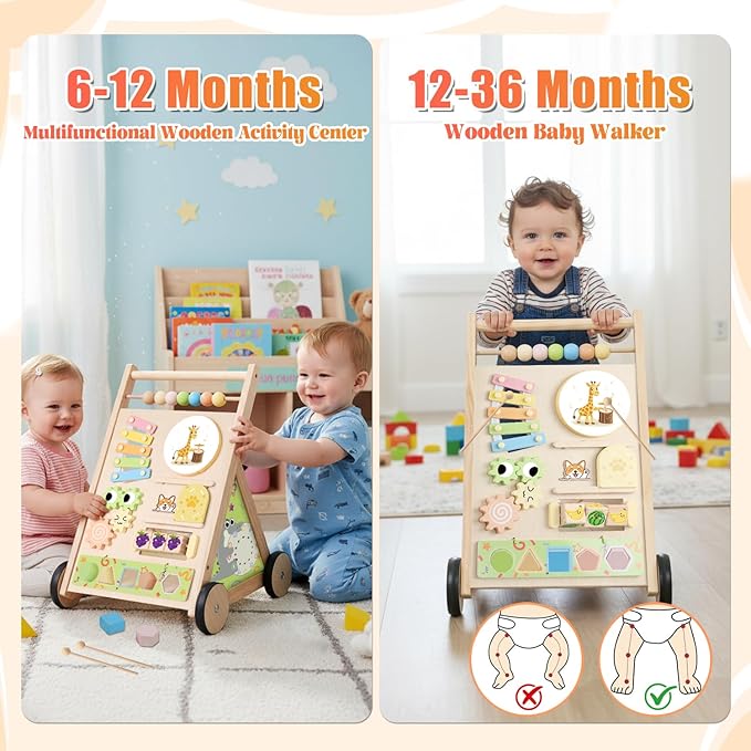 Wooden Baby Walker with Wheels Push Walker for Babies 6-12 Months Toddlers Montessori Walking Toys for 1 Year Old Learning to Walk Activity Center for 12-18 Months Boys Girls Gifts Color Sorting Toys