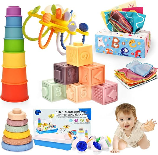 Baby Toys 6-12 Months,Baby Montessori Toys for 1 Year old,6-in-1 Sensory Toys for Babies 6-12 Month,Stacking Cups Building Blocks,Teething Pull String,Tissue Box Toys for 6-9-12-18 Months Baby Gifts