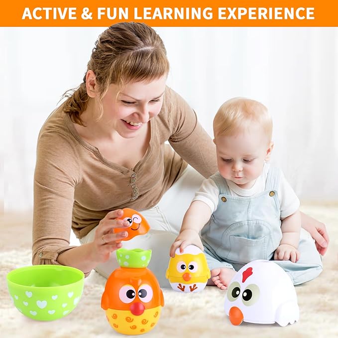 MOONTOY Chicken Toddler Easter Eggs Toys, Nesting Dolls Stacking Toys for Toddlers 1-3 Matching Shape Sorters Sensory Preschool Learning Baby Easter Basket Stuffers Gifts 6-12 12-18 Months, 1 Year Old