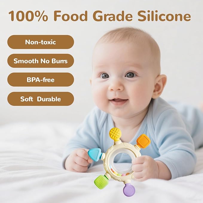Hooku Silicone Teethers for Babies 6-12 Months, Teething Toys for Babies 0-6 Months, Baby Rattles Teethering Rings, BPA Free Baby Chew Toys, Gifts for Babies