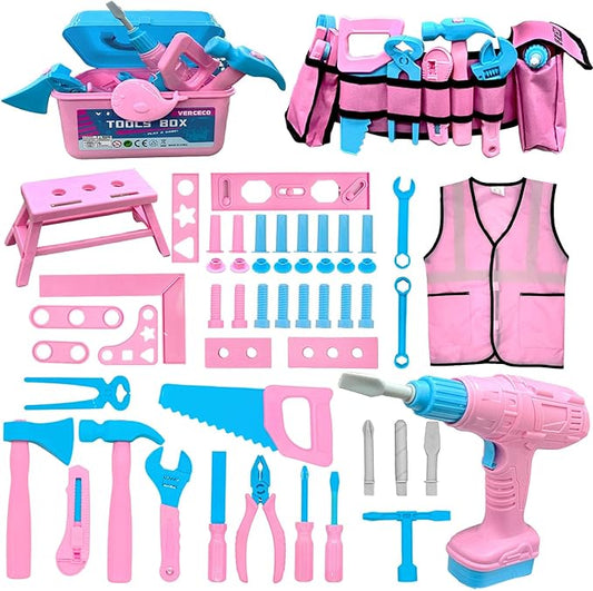 Kids Tool Set 55Pcs Tool Box Toddler Tool Kit for Girls Play Tools Toy with Tool Belt Electronic Toy Drill Safety Vest Pretend Play Construction Toy for Girls Boys Ages 3 4 5 6 7 Years Old