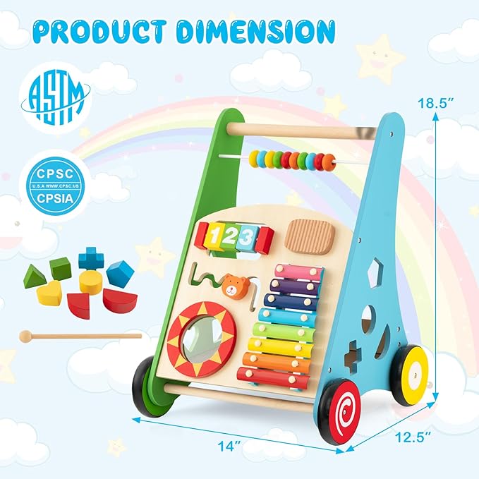 HONEY JOY Baby Push Walker, Wooden Infant Walker Activity Center with Shape Sorter, Develop Motor Skills & Creativity, Push Toys for Babies Learning to Walk, Gift for Boys and Girls, Colorful