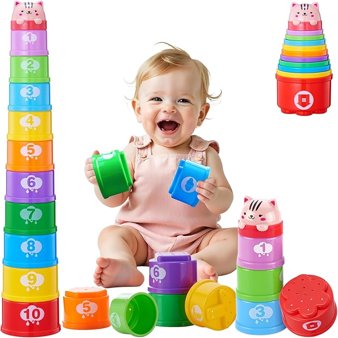 WEEJOYGAM Baby Stacking Cups, Stacking Toys for Toddlers 1-3, Infant Christmas Stocking Stuffers for 6 9 12 18 Month 1 Year Old Boy Girl Gift, Kids Montessori Sand Bath Nesting Stackable Block Age 1-2