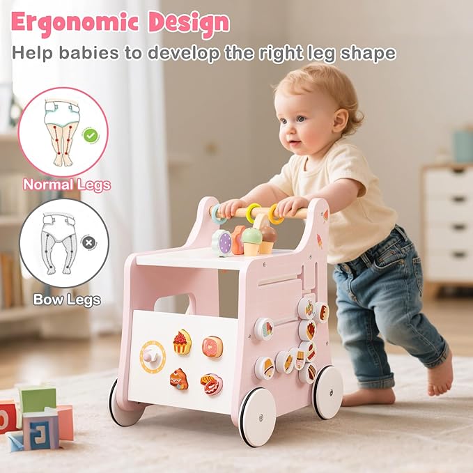 HONEY JOY Baby Push Walker, 8-in-1 Wooden Kids Ice Cream Cart & Activity Walker, Develop Motor Skills & Creativity, Dessert Shop Push Toys for Babies Learning to Walk, Gift for Boys and Girls (Pink)