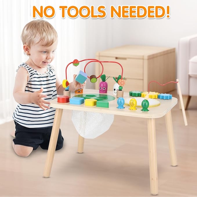 Activity Table for 1+ Year Old, 7 in 1 Wooden Montessori Activity Center Play Table with Drum, Bead Maze Shape Sorter Fishing Game, Kids Sensory Educational Toddler Learning Toys 1st Birthday Gifts