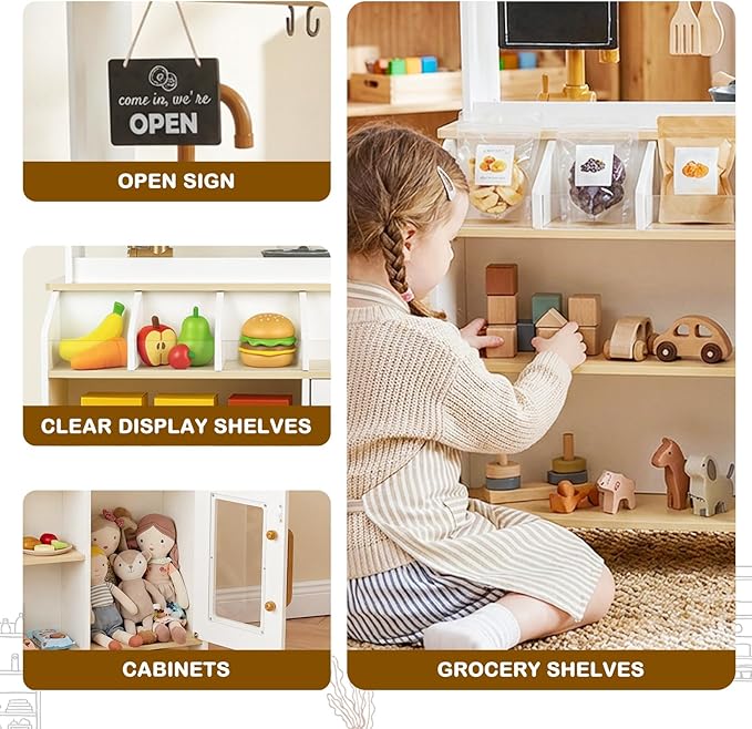 Dual-Sided Play Kitchen for Kids Toddlers, 2-in-1 Grocery Store&Wooden Toy Kitchen Set with Coffee Machine,Pretend Kitchen Play Set with Microwave, Oven, Gift for Boys Girls