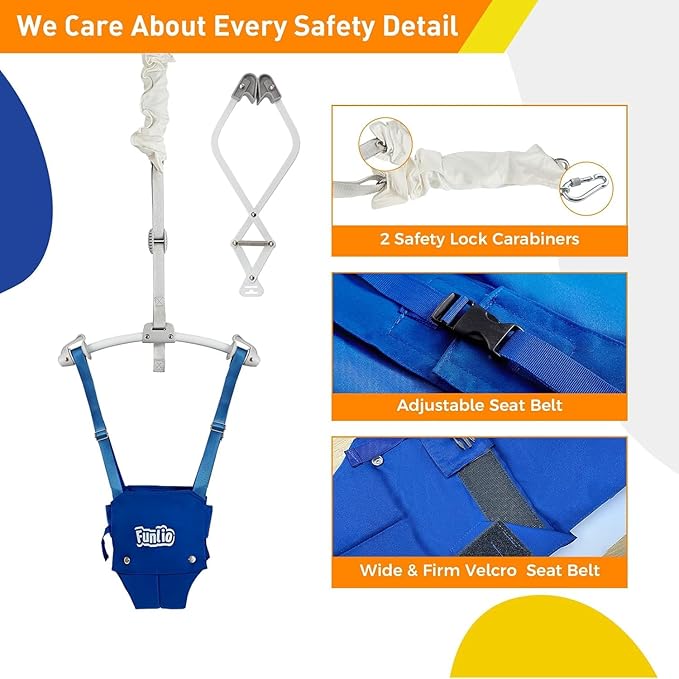 FUNLIO 2 in 1 Baby Door Jumper with Door Clamp, Baby Walking Harness for 6-24 Months, Infant Jumper Doorway with Strong Spring & Adjustable Strap, Easy to Assemble & Store - Blue