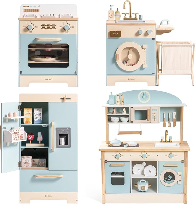 ROBUD Wooden Play Kitchen Set, Kids Toy Kitchen Set with Realistic Design, Utensils, Ice Maker, Fridge, Oven, Washer, Modern Style Play Kitchen with Accessories, Ideal Gift for Boys & Girls, Blue