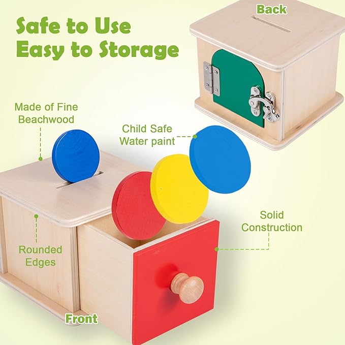 Adena Montessori Coin Lock Box,2 in 1 Object Permanence Box Toys for 1 Year Old Baby Coins,Wooden Mechanisms Help Develop Probelm Solving Skills Toys for 6-12 Month Infant Toys,Learning Kids Gifts