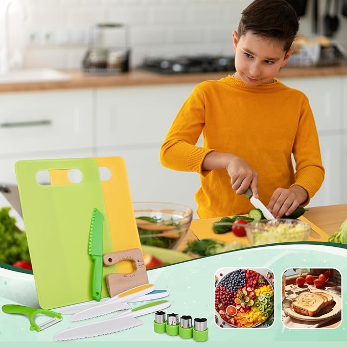 13 Pcs Montessori Kitchen Tools for Toddlers Kitchen Tools Kid Safe Knife Set for Real Cooking Cutting Boards,Crinkle Cutter,Peeler,Serrated Edges and Wooden Safe Knives