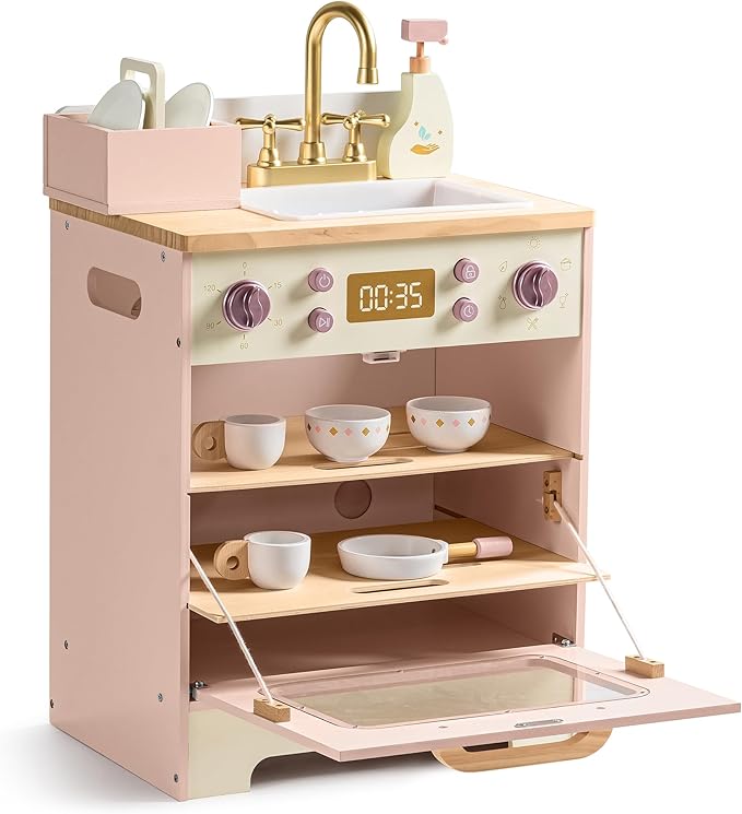 ROBOTIME Wooden Toy Dishwasher Sink – Pink Pretend Kitchen Toy with Gold Faucet, Turning Knobs, Dish Rack, Plates, Bowls, Cups – Montessori Wooden Play Kitchen for Girls Ages 3+