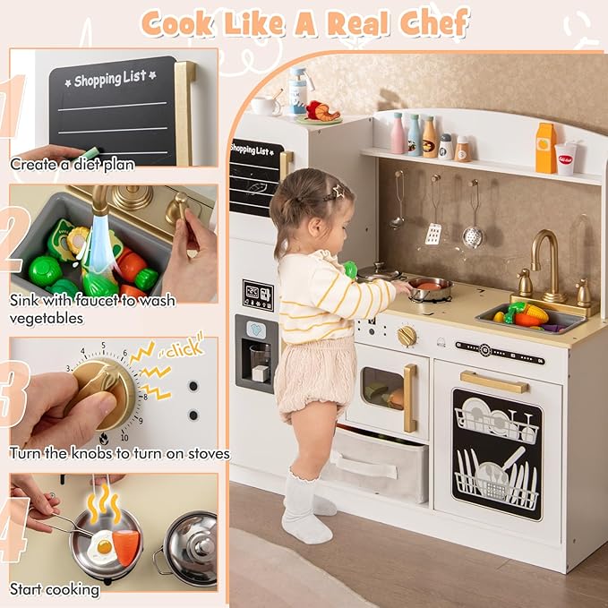 HONEY JOY Kids Kitchen Playset, Wooden Toy Kitchen Set with Lights & Sounds, Microwave, Ice Maker, Storage Box, Interactive Little Chef Pretend Play Kitchen for Toddlers, Gift for Boys Girls (White)