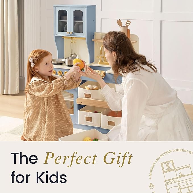 Tiny Land Play Kitchen for Kids with Enhanced Storage – Modern Toddler Kitchen Playset with Stove, Sink & Accessories, Organized Wooden Toy Kitchen, Ideal for Toddlers