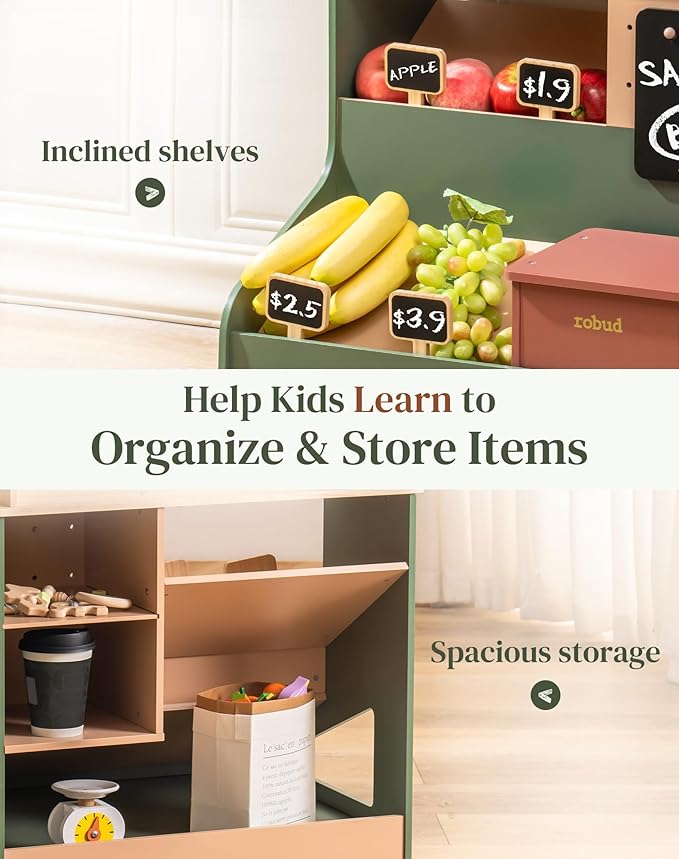 ROBUD Pretend Play Grocery Store with Lights, Supermarket Playset for Kids, Interactive Wooden Play Market Stand, Gift for 3+ Kids Boys Girls (Vintage Green)