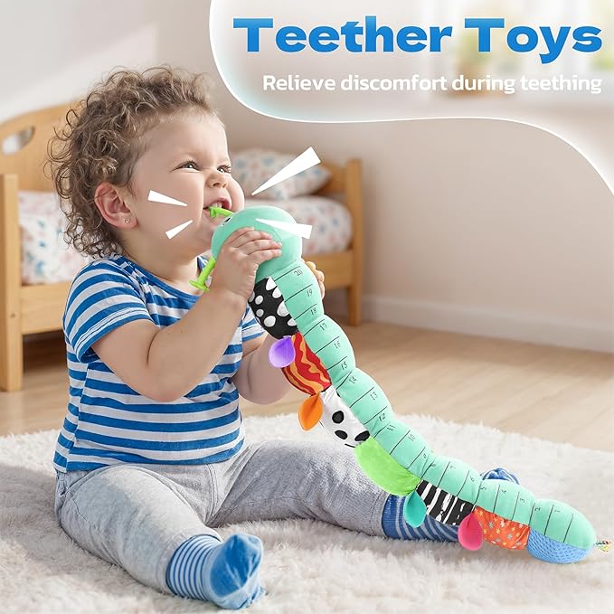 HEMRLY Baby Gifts Toys, Sensory Toy 0-6 Months, Musical Stuffed Caterpillar Plush with Soft Teether, Rattle for Tummy Time, Infant Car Seat Toy for 0-3-6-12 Month Boys Girls Gifts - Spotted Blue