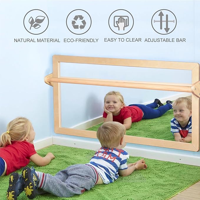 3-Position Montessori Wood Frame Non-Shatter Safety Pull Up Bar Baby Big Mirror Set, Infant Coordination Mirror, Kids Classroom Furniture for Daycare, Homeschool or Preschool