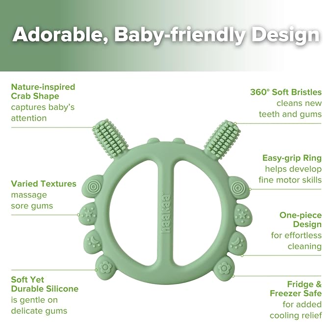 Haakaa Silicone Crab Baby Teether,Teething Toys,360° Baby Toothbrush Head for Infant Self-Brushing Training,Food-Grade Silicone,Pea Green