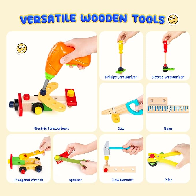 Kids Tool Set with Drill, Montessori Toys for 3 4 5 6 Years Boys Girls, Toddler Stocking Stuffers, Kids Christmas Toys, 37 Pcs Wooden STEM Construction Learning Pretend Play Games