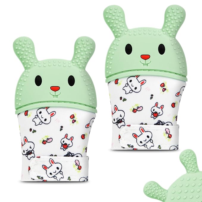 2Pack Silicone Teething Mitt, Rabbit Baby Teething Toy for 0-6 6-12 Months, Food Grade Silicone Infant Teething Mitten, BPA-Free Baby Chew Toys for Pain Relief, Sucking Needs
