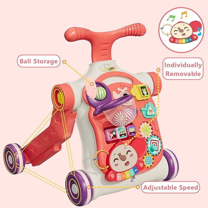 Upgraded 5 in 1 Baby Walker and Activity Center for Baby Girl, Learning to Walk, Sit to Stand, Early Learning Push Toys for Infant 12 Months, Walking Toys Gift for Toddler Girls, Red