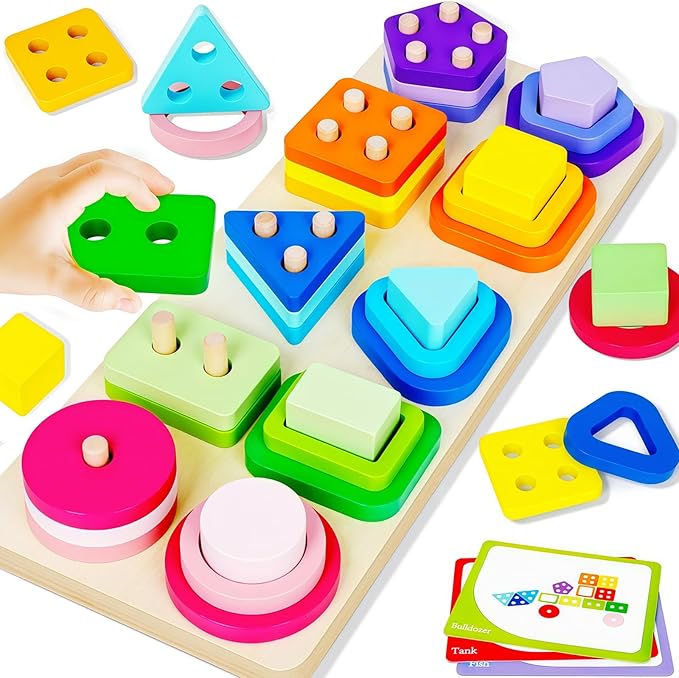 Montessori Toys for 1 2 3 Year Old Boys Girls Birthday Gifts Color Shape Sorters Wooden Stacking Toys for Toddlers 1-3 Puzzles Blocks for Toddlers 2-4 Preschool Learning Educational Sensory Travel Toy