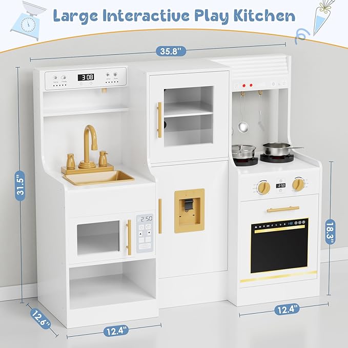 MAMIZO Wooden Play Kitchen for Kids, Toddler Toy Kitchen Playset, Large Interactive Pretend with 6 Kitchenware, Realistic Water Dispenser & Hood w/Lights & Sounds, Sink, Stove, Oven, Microwave (White)
