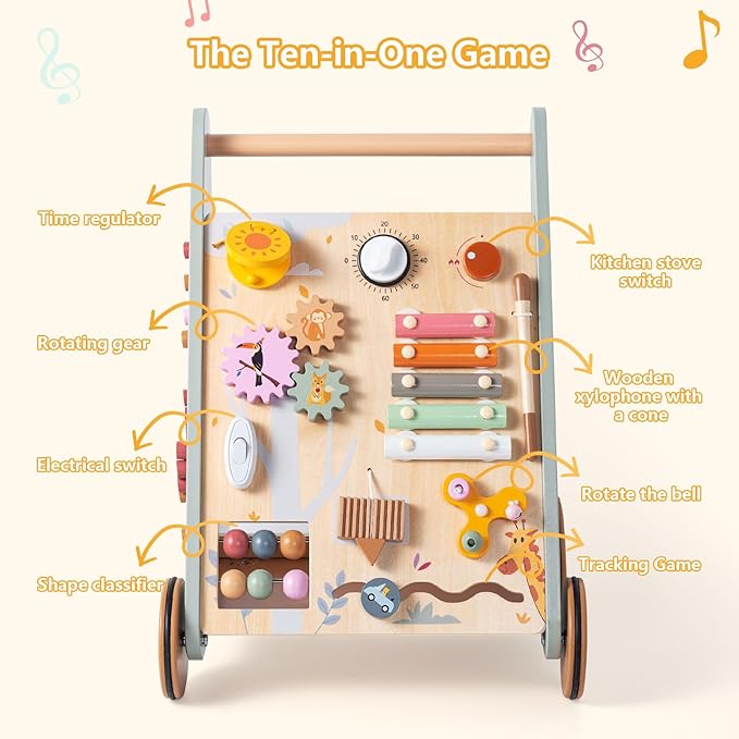 Wooden Baby Walker | Toddler Push Walking Toy with Wheels for Boys & Girls | Learning Walking Aid for Standing & Balance Training | Sturdy Montessori Toy for 18+ Months