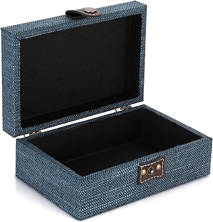 Hipiwe Treasure Chest Jewelry Box - Wooden Decorative Box with Clasp Linen Covered Memento Case Box Rectangular Keepsake Box Photos Storage Organizer Home Decor,Blue