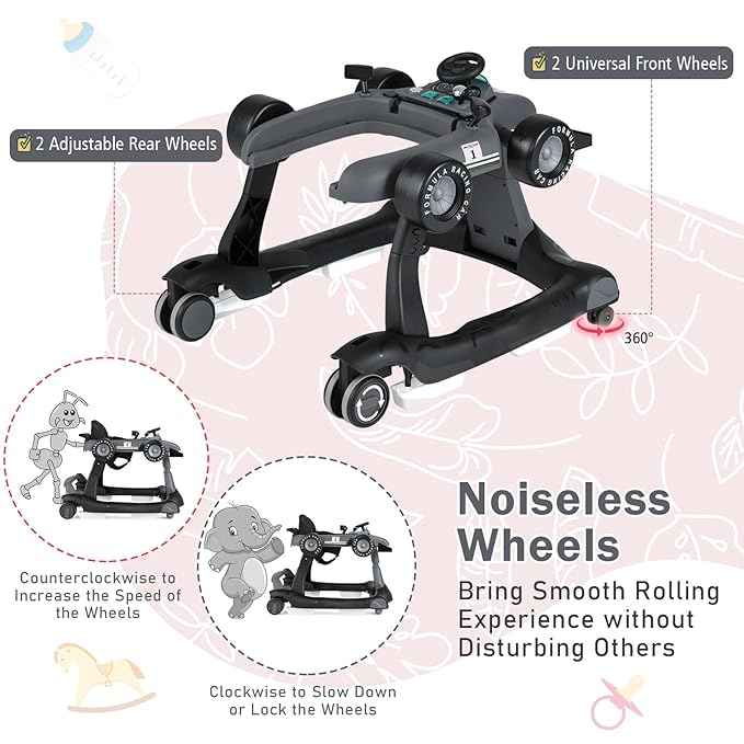 BABY JOY 4-in-1 Baby Walker, Foldable Activity Walker with Adjustable Height & Speed, Music, Lights, Anti-Rollover, Toddler Push Walker, Baby Walker with Wheels for Boys Girls 6-18 Months (Gray)