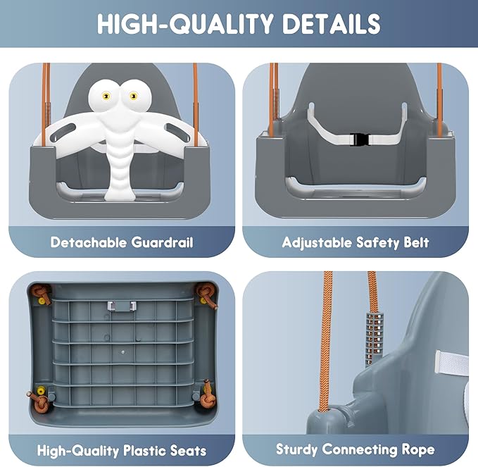 3-in-1 Toddler Swing Set, Baby Swing with Safety Belt, Indoor/Outdoor, Easy to Assemble Kids Swing Seat with Sturdy Metal Stand for Playground, Backyard and Nursery, Gray White