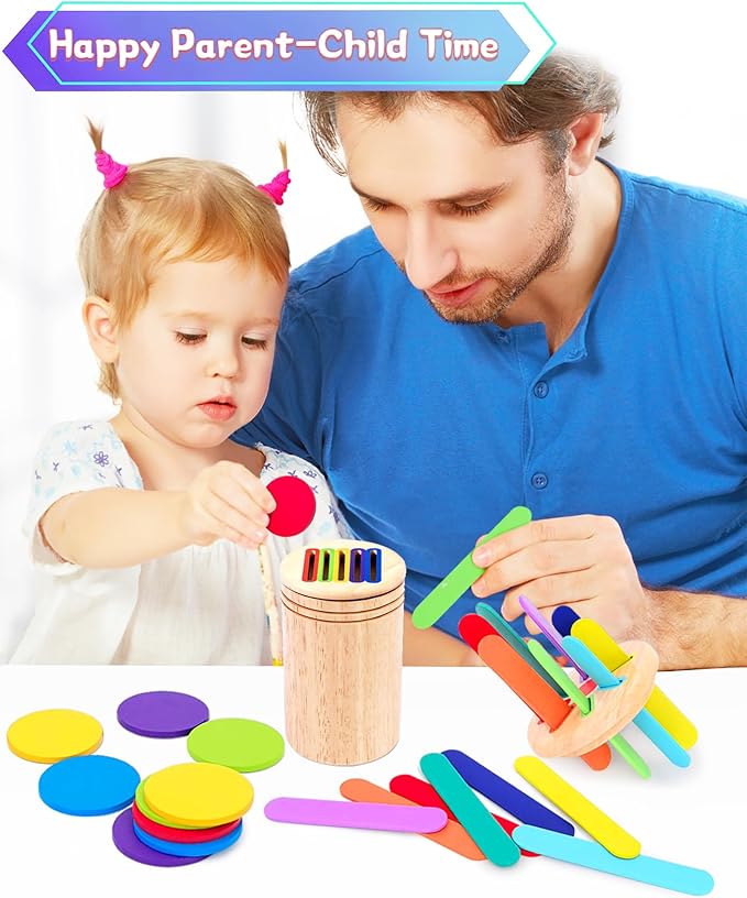 Montessori Toys for Toddlers,Wooden Learning Color Shape Sorting Toy for Baby,2-in-1 Wood Stick Coin Educational Fine Motor Developmental Sensory Matching Games, Girl for Boy Child Gifts