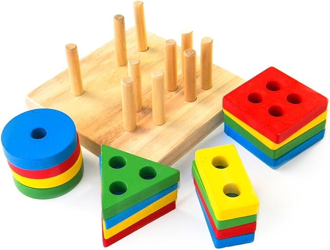 Boxiki kids Montessori Puzzles for 1 2 3 Year Old Boys, Girls & Toddlers - Wooden Shape Sorter & Stacking Toy, Enhances Brain Activity, Helps Color Recognition, & Activates Motor Skills.
