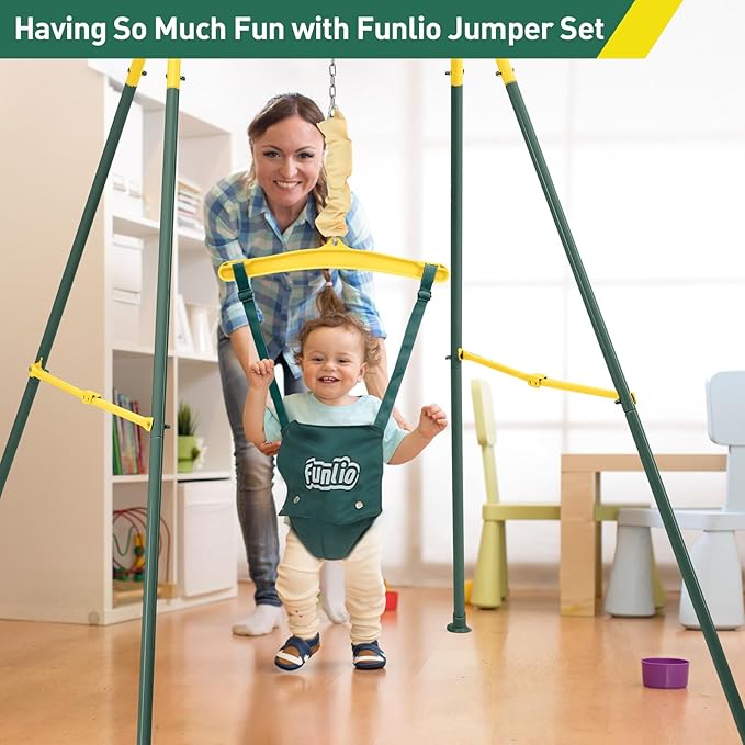 FUNLIO Baby Jumper with Stand for 6-24 Months, Infant Jumper for Indoor/Outdoor Play, Toddler Bouncer for Baby Girl/Boy, with Adjustable Chain, Easy to Assemble & Store (with Stand) - Green