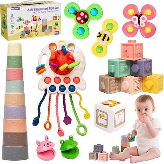 Christmas Stocking Stuffers 6 in 1 Montessori Toys for Babies 6-12 Months, Infant Sensory Pull String Toy, Fidget Spinners Soft Baby Blocks & Stacking Cups for Toddlers 1-3, Baby Gifts for 1 Year Old