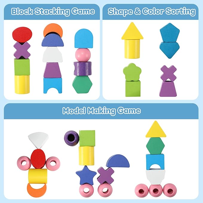 3 in 1 Montessori Wooden Beads Sequencing Toy Set Color Sorting Stacking Geometric Shape Matching Game Beads Sequencing Toy Lacing Beads Stem Fine Motor Skills for Toddlers