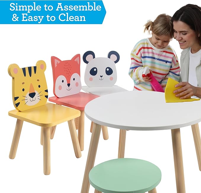 Kids Wooden Animal Table & Chair Set w 4 Seats- Tiger Panda Fox & Adult Stool for Xmas Arts Crafts, Dining, Pretend Play- Durable Playroom Furniture for Home Daycare Classroom- Toddler Activity Center