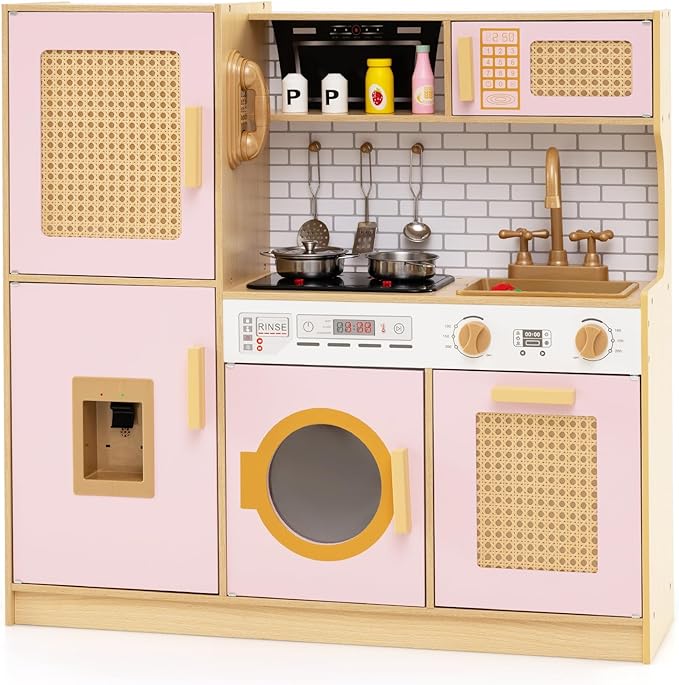 HONEY JOY Play Kitchen, Rattan Design Wooden Toy Kitchen Set for Toddlers, Stove with Lights & Water Dispenser, Range Hood, Cookware, Pretend Play Kids Kitchen Playset, Gift for Boys Girls (Pink)