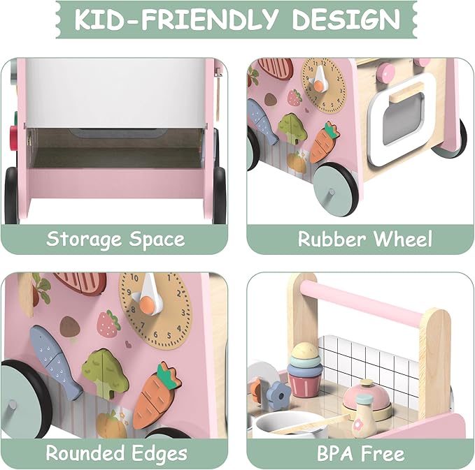 Wooden Baby Walker 4-in-1 with Push Walker Toys, Play Kitchen Accessories, Toddlers Montessori Sensory Toys, Walking Toys for Baby Girls Boys Learning to Walk