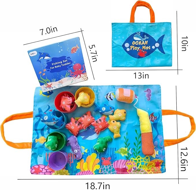 Montessori Toddler Toys for 1-3 Years Old Boys and Girls，22PCS Cloth Fishing Game with Stacking Cups, Color Sorting & Number Learning, Educational Birthday Gift for 6-18 Month Babies