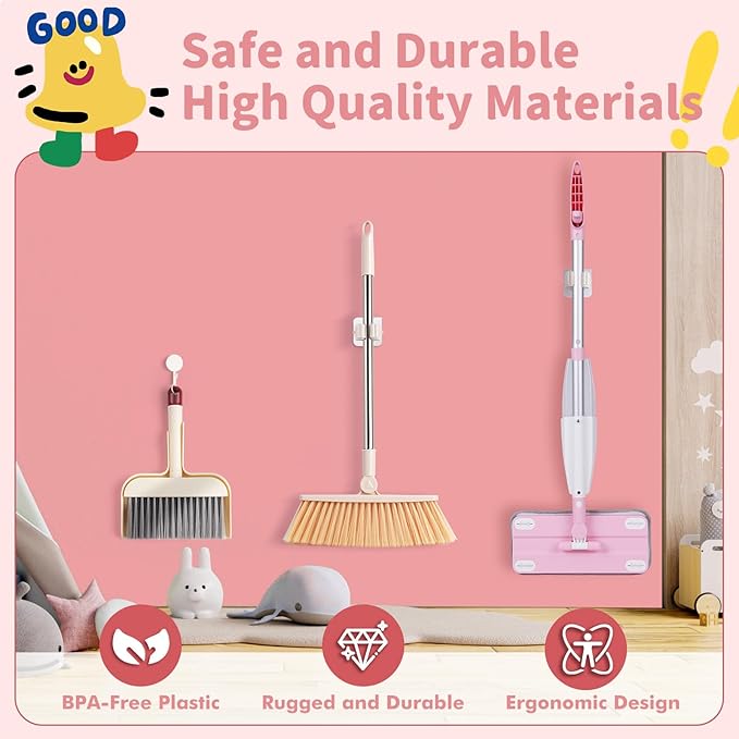 Kids Spray Mop,Toddler Mop Cleaning Set, Real Working Mini Mop & Kids Broom Dustpan Set, Housekeeping Pretend Play Toy, Montessori Kid Cleaning Toy Set Includes Organizer Clip -Pink
