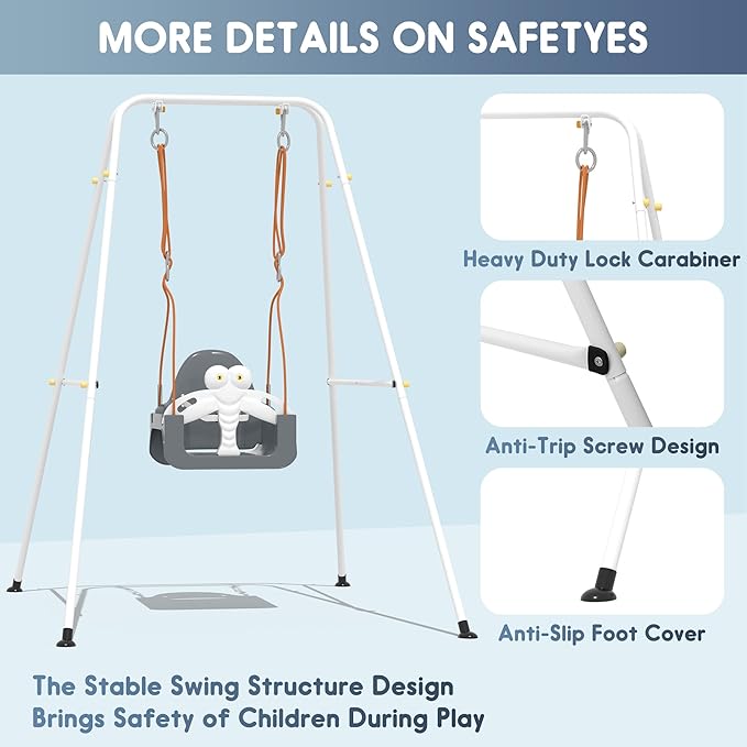 3-in-1 Toddler Swing Set, Baby Swing with Safety Belt, Indoor/Outdoor, Easy to Assemble Kids Swing Seat with Sturdy Metal Stand for Playground, Backyard and Nursery, Gray White